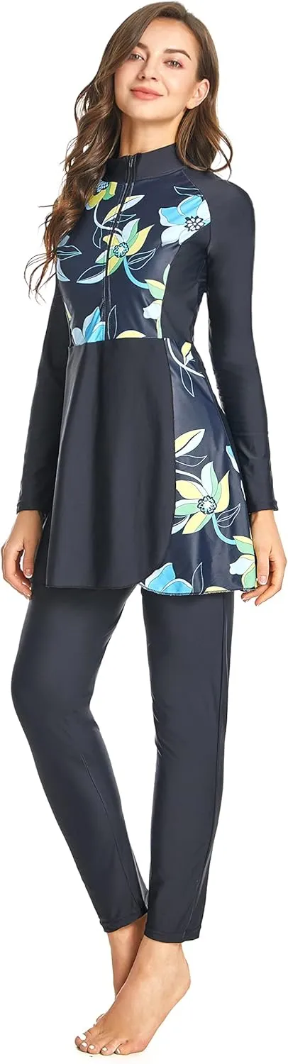 Women Modest Muslim Swimwear Sport Long Sleeves Swimsuit 3pcs Burkini Bra Pad