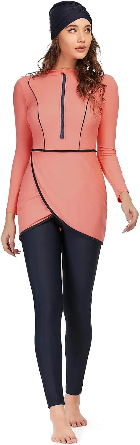 Women Modest Muslim Swimwear Sport Long Sleeves Swimsuit 3pcs Burkini Bra Pad
