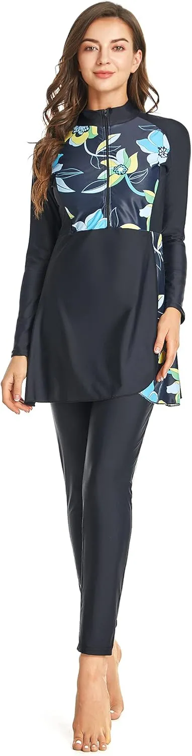 Women Modest Muslim Swimwear Sport Long Sleeves Swimsuit 3pcs Burkini Bra Pad