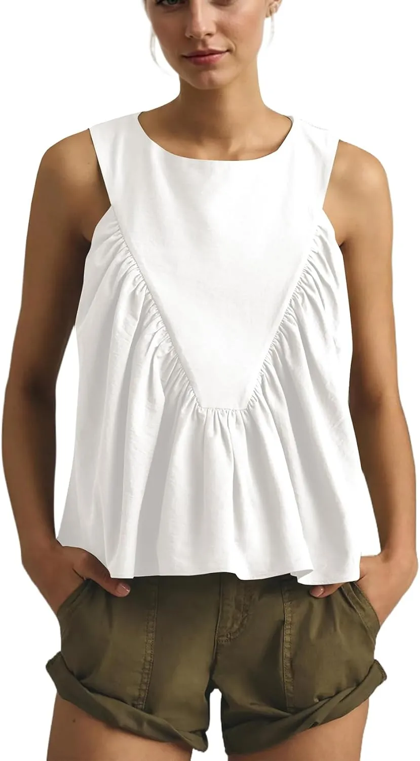 Women Peplum Babydoll Tank Tops Sleeveless Summer Shirred Swing A Line Tops Flowy Crew Neck Ruched Ruffle Shirt