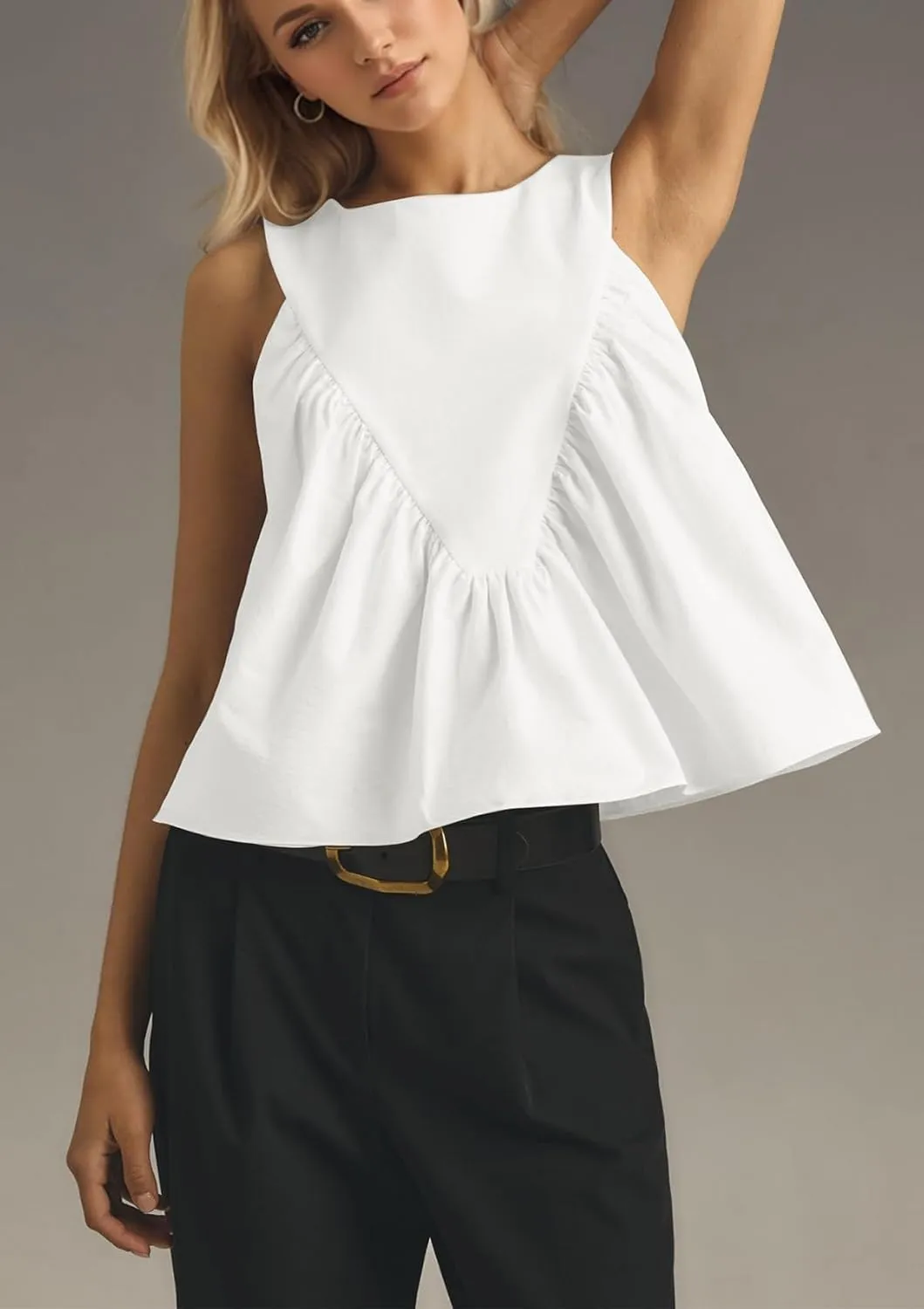 Women Peplum Babydoll Tank Tops Sleeveless Summer Shirred Swing A Line Tops Flowy Crew Neck Ruched Ruffle Shirt