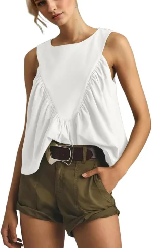 Women Peplum Babydoll Tank Tops Sleeveless Summer Shirred Swing A Line Tops Flowy Crew Neck Ruched Ruffle Shirt