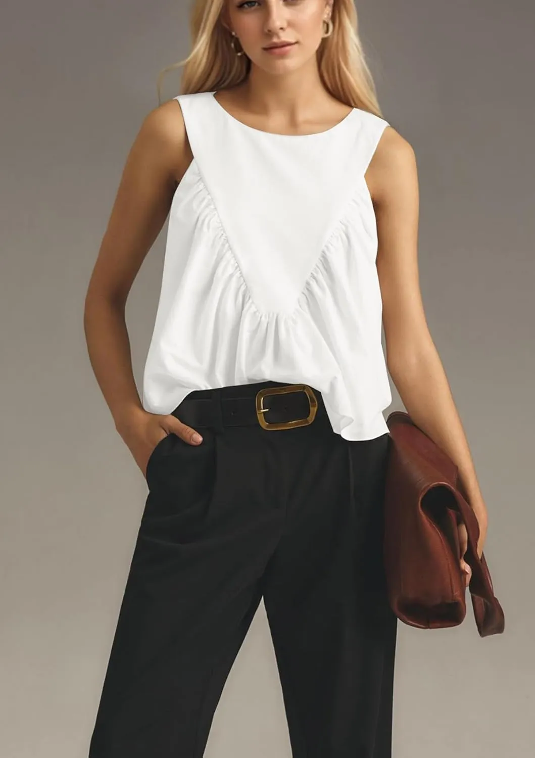 Women Peplum Babydoll Tank Tops Sleeveless Summer Shirred Swing A Line Tops Flowy Crew Neck Ruched Ruffle Shirt