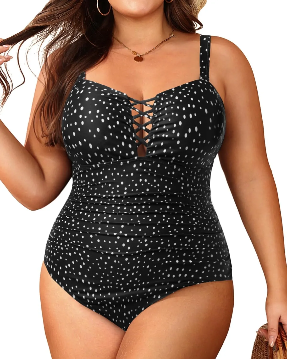 Women Plus Size One Piece Swimsuit - Tummy Control Bathing Suits Ruched Lace up Swimwear Bandeau Retro Swimsuits 2025