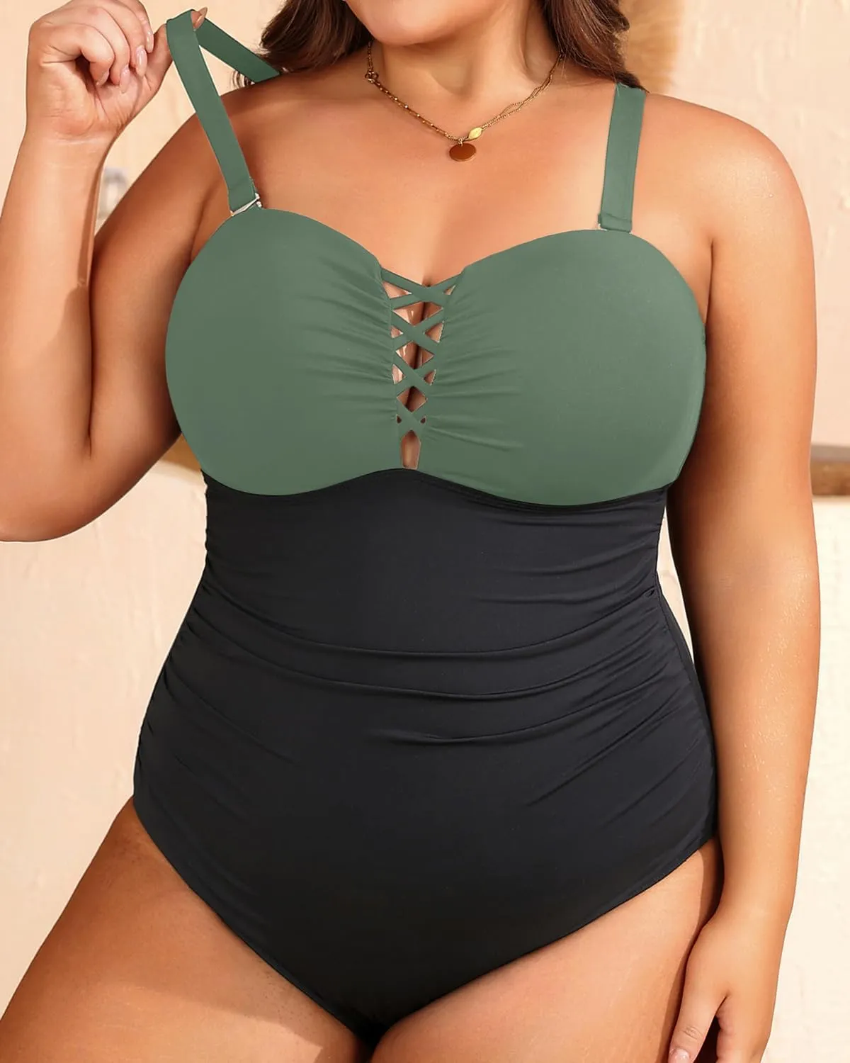 Women Plus Size One Piece Swimsuit - Tummy Control Bathing Suits Ruched Lace up Swimwear Bandeau Retro Swimsuits 2025