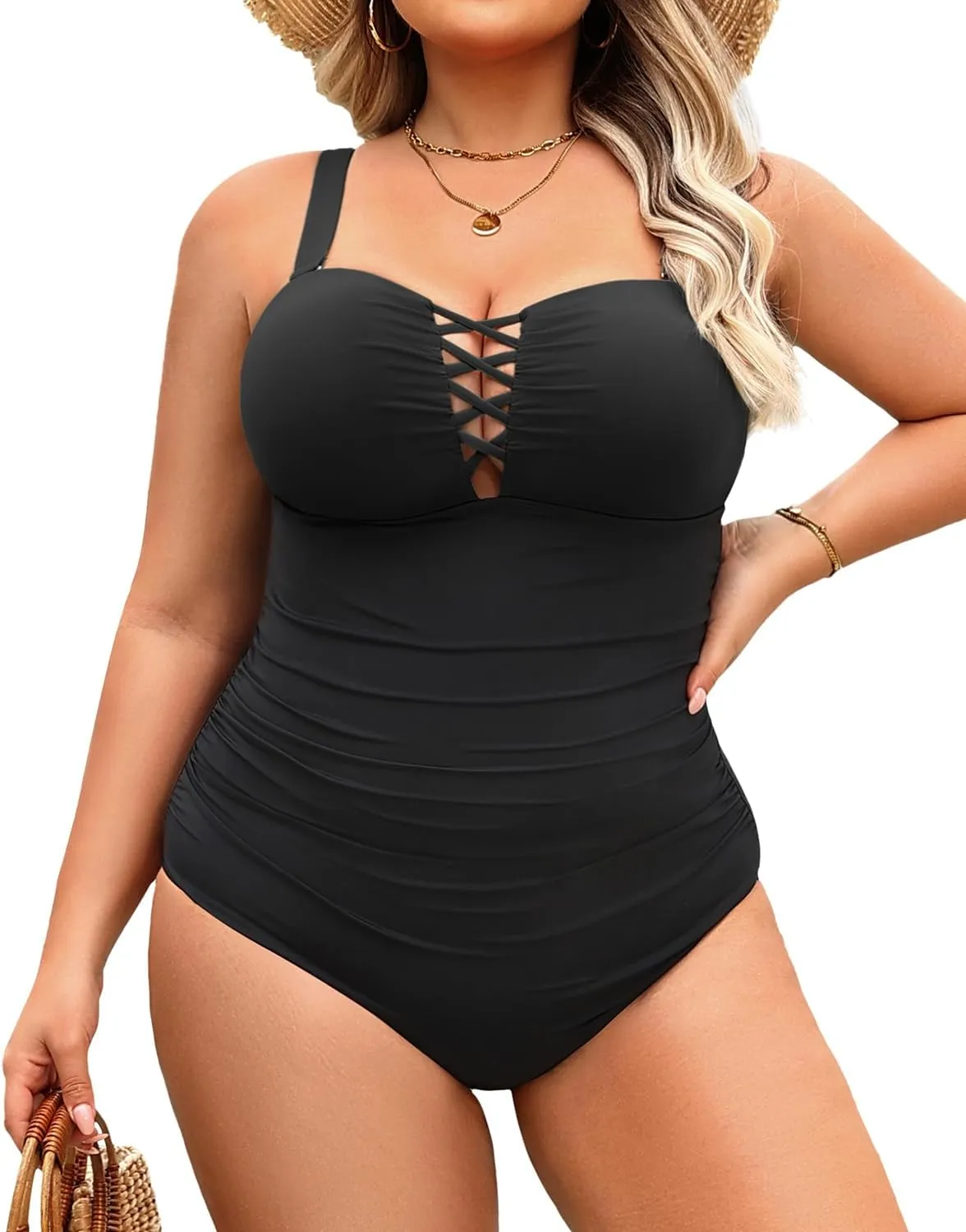 Women Plus Size One Piece Swimsuit - Tummy Control Bathing Suits Ruched Lace up Swimwear Bandeau Retro Swimsuits 2025