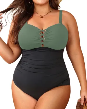 Women Plus Size One Piece Swimsuit - Tummy Control Bathing Suits Ruched Lace up Swimwear Bandeau Retro Swimsuits 2025