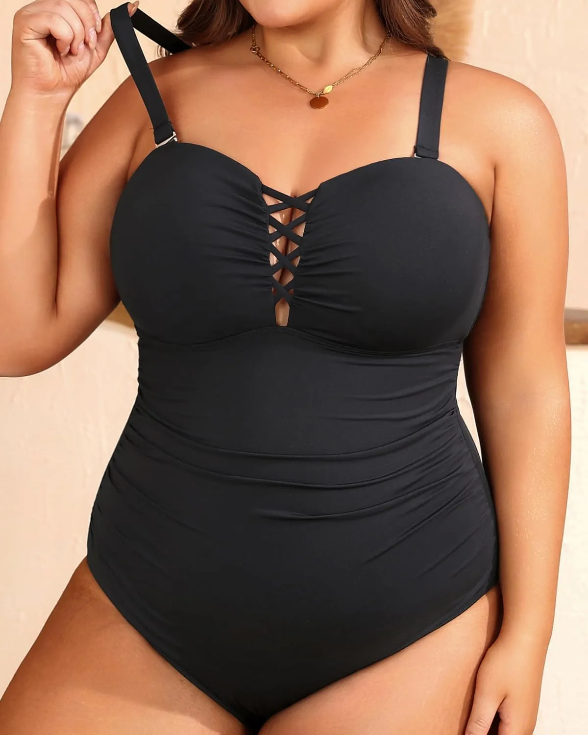 Women Plus Size One Piece Swimsuit - Tummy Control Bathing Suits Ruched Lace up Swimwear Bandeau Retro Swimsuits 2025