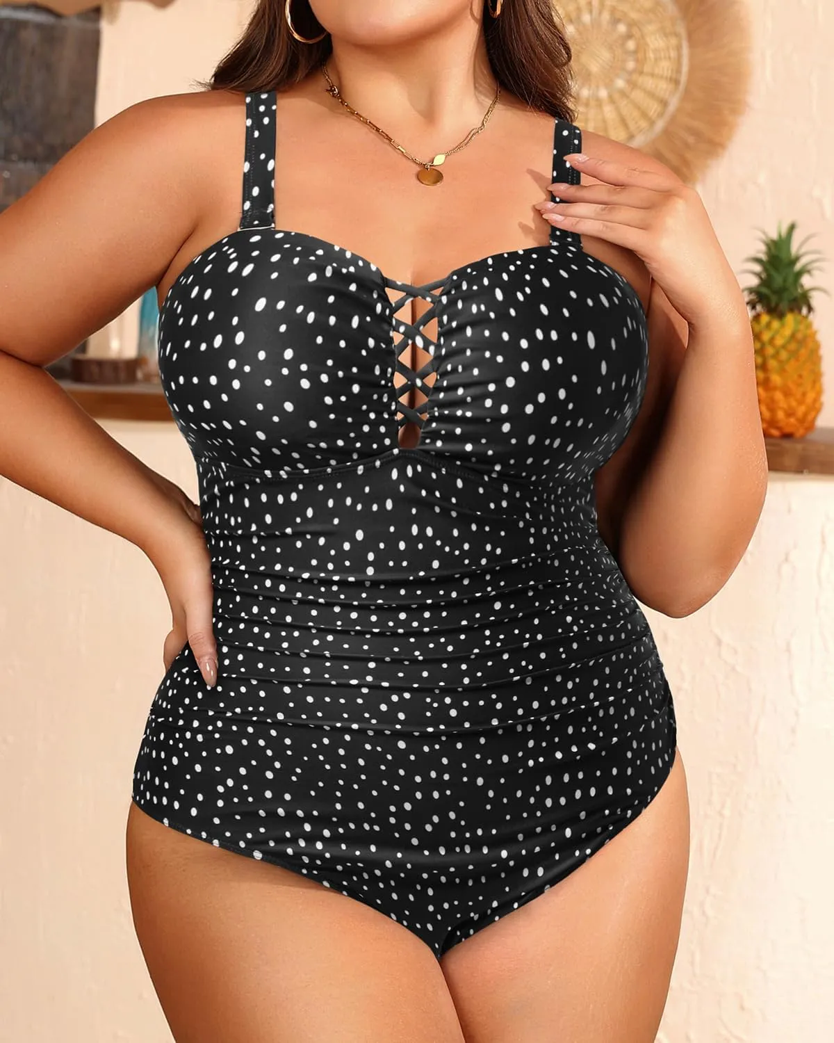 Women Plus Size One Piece Swimsuit - Tummy Control Bathing Suits Ruched Lace up Swimwear Bandeau Retro Swimsuits 2025