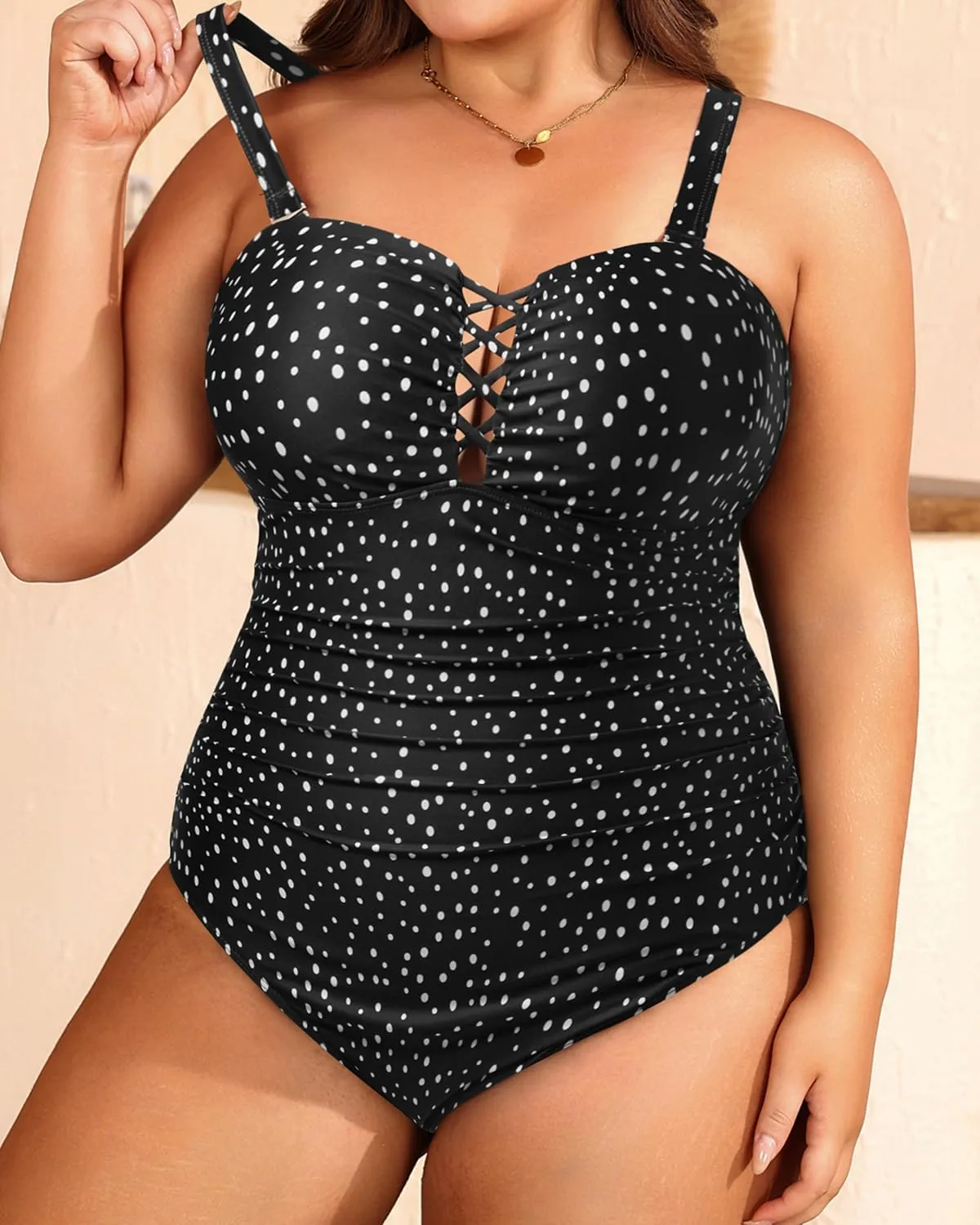 Women Plus Size One Piece Swimsuit - Tummy Control Bathing Suits Ruched Lace up Swimwear Bandeau Retro Swimsuits 2025