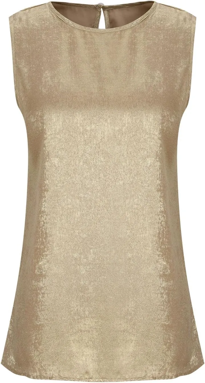 Women Round Neck Metallic Tank Top Sleeveless Shiny Party Club Shirts 2025 Summer Trendy Going Out Blouse