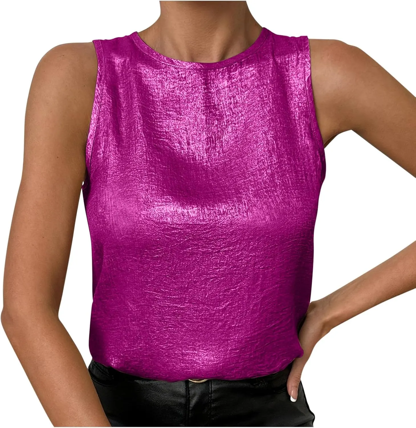 Women Round Neck Metallic Tank Top Sleeveless Shiny Party Club Shirts 2025 Summer Trendy Going Out Blouse
