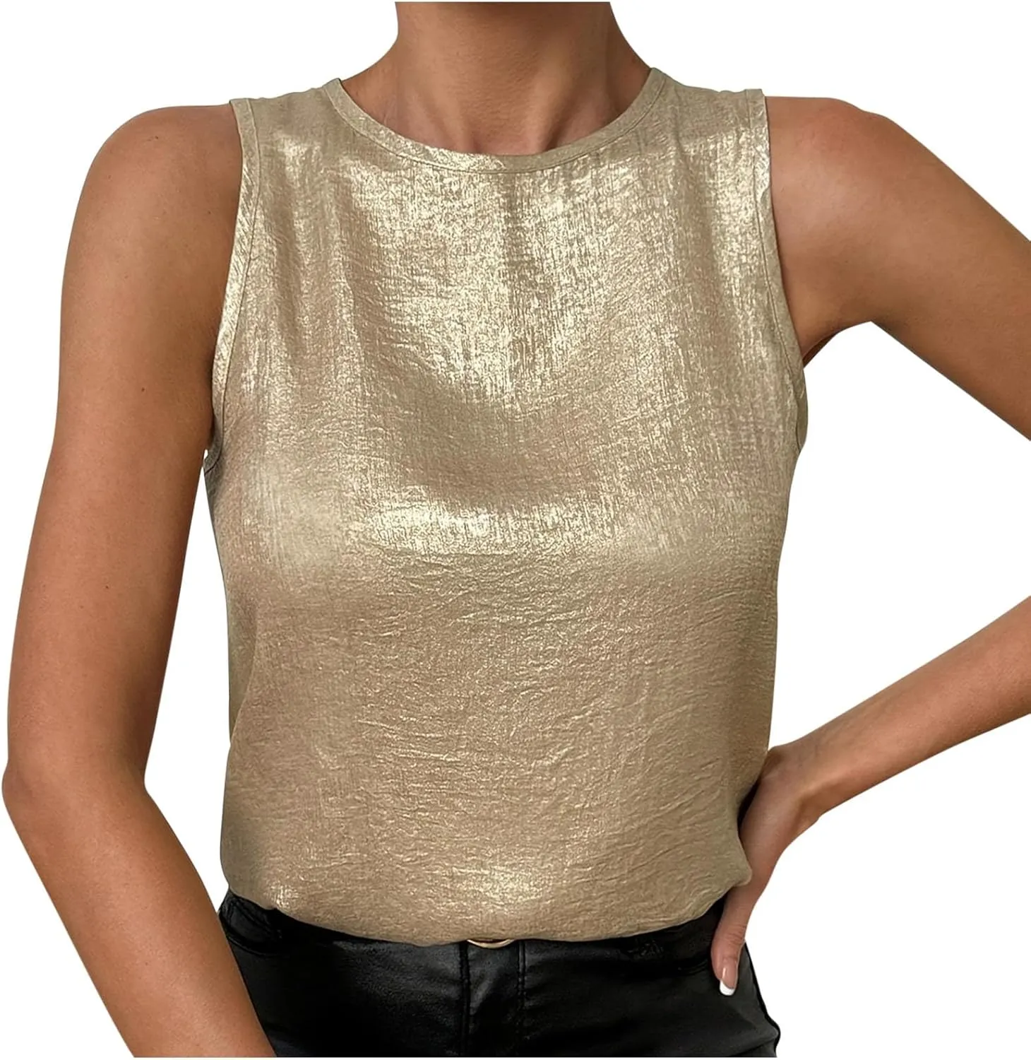 Women Round Neck Metallic Tank Top Sleeveless Shiny Party Club Shirts 2025 Summer Trendy Going Out Blouse