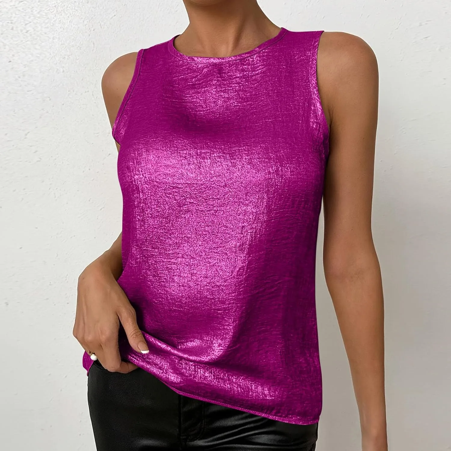 Women Round Neck Metallic Tank Top Sleeveless Shiny Party Club Shirts 2025 Summer Trendy Going Out Blouse