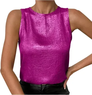 Women Round Neck Metallic Tank Top Sleeveless Shiny Party Club Shirts 2025 Summer Trendy Going Out Blouse