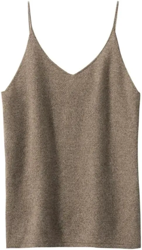 Women Solid Color V-Neck 100%Wool Knitted Tank Tops Spaghetti Strap Camisole Classic Basic Cami