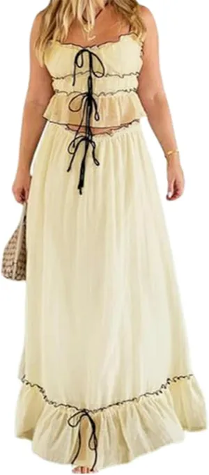 Women Y2k 2 Piece Outfits Ruched Ruffle Front Tie-Up Camisoles and Maxi Skirt Set Tank Top Beachwear