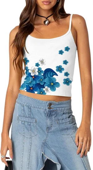 Women Y2k Cami Tank Tops Spaghetti Strap Floral Print Crop Top Summer Slim Fit Aesthetic Going Out Tops