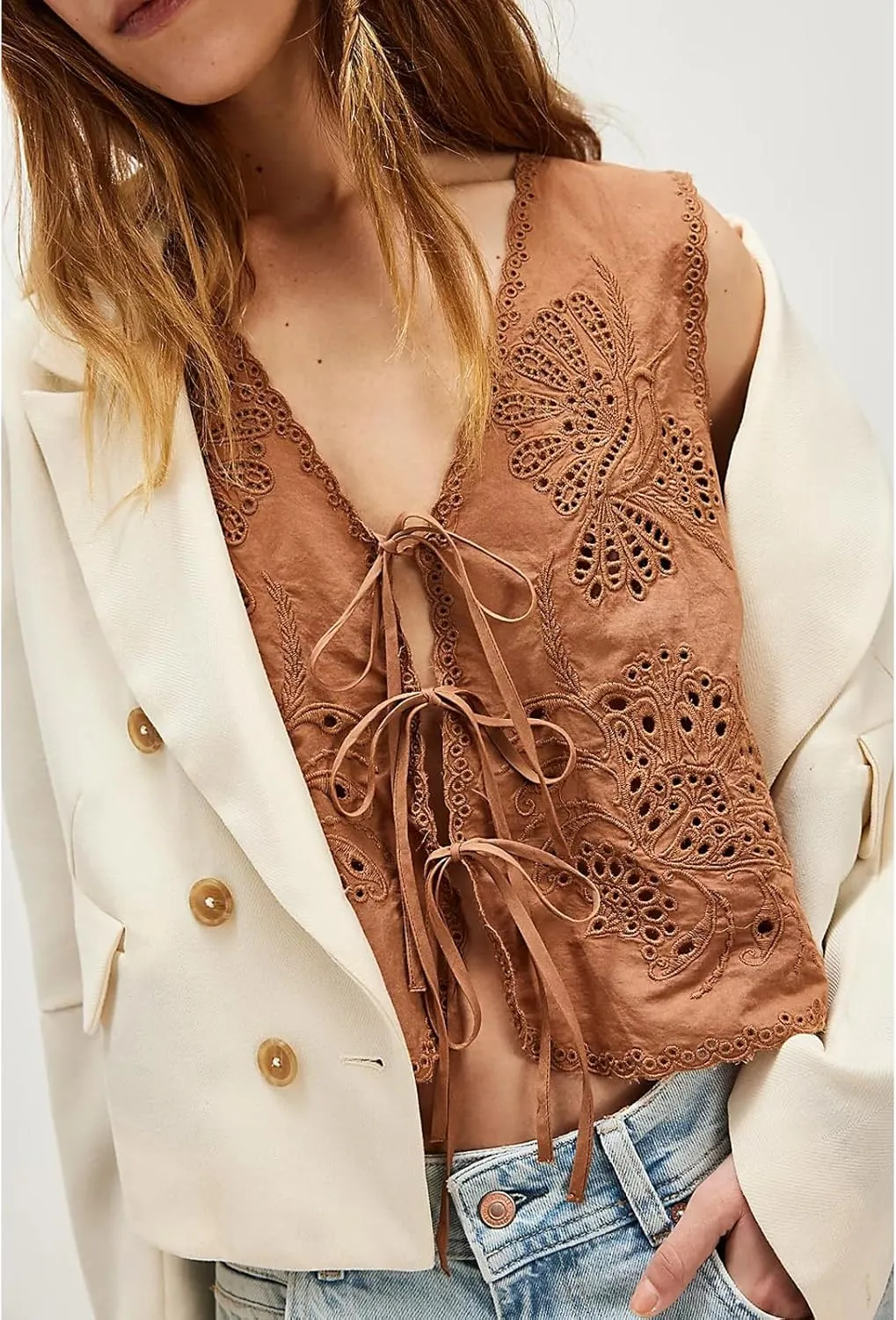 Women Y2k Embroidered Floral Front Tie Up Tank Vest Summer V Neck Cute Eyelet Going Out Crop Tops Blouse Shirts