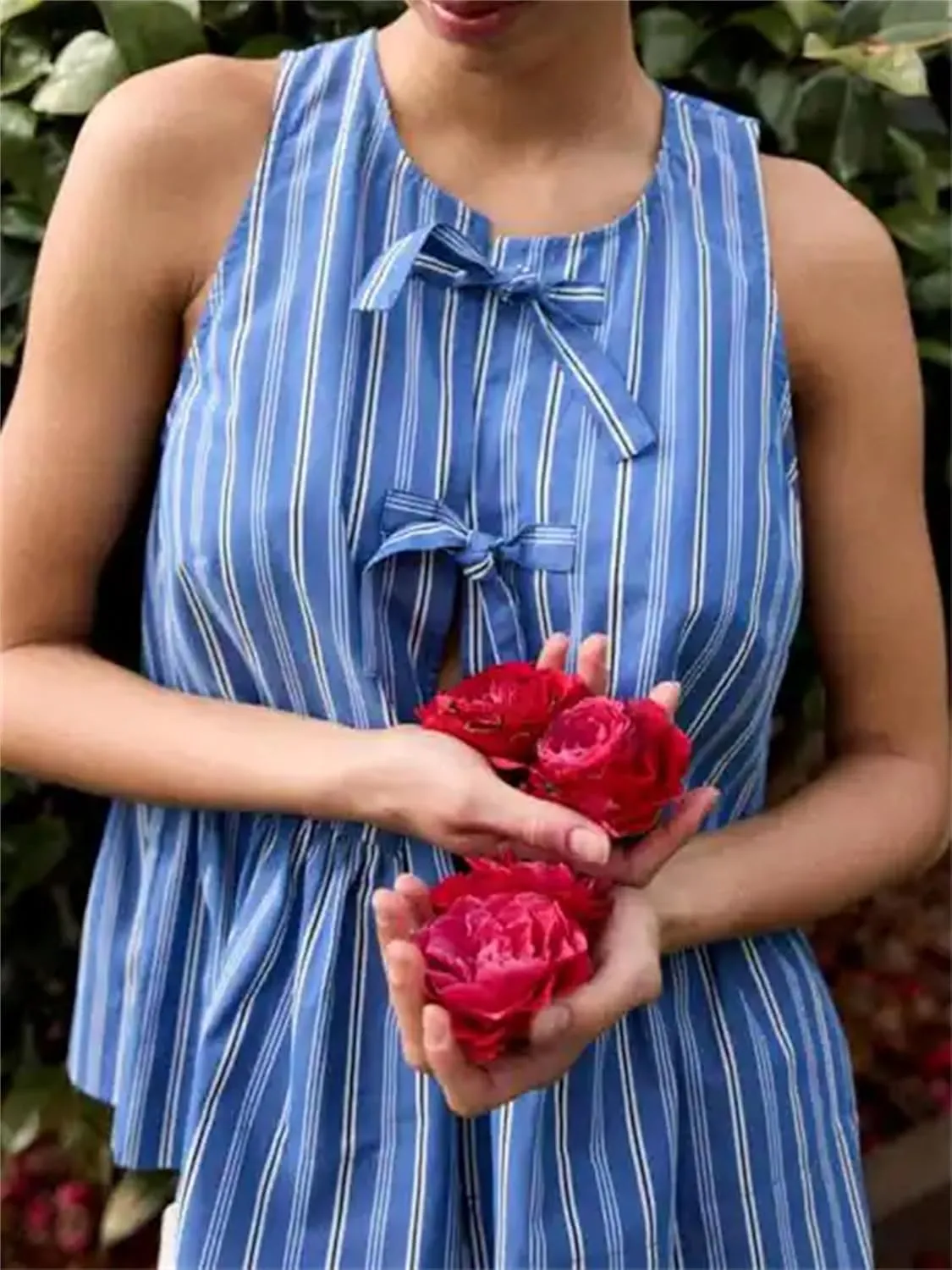 Women Y2k Peplum Tank Tops Tie Front Sleeveless Striped Ruffled Hem Babydoll Vest Shirts Summer Cute Going Out Top