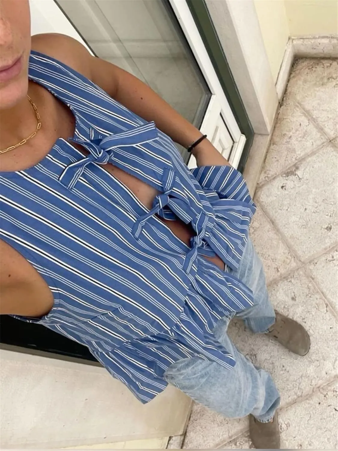 Women Y2k Peplum Tank Tops Tie Front Sleeveless Striped Ruffled Hem Babydoll Vest Shirts Summer Cute Going Out Top