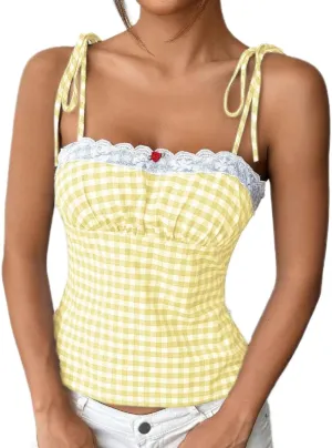 Women Y2k Plaid Tank Tops Tie Shoulder Lace Trim Cami Top Aesthetic Summer Going Out Camisoles