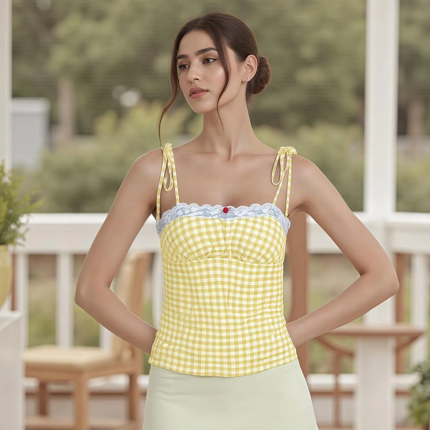 Women Y2k Plaid Tank Tops Tie Shoulder Lace Trim Cami Top Aesthetic Summer Going Out Camisoles