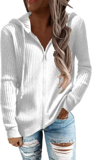 Women's Autumn Winter Rib Knit Long Sleeve Hoodies Zip Up with Drawstring Casual Loose Cardigan Sweater Outwear Coat(M-White)