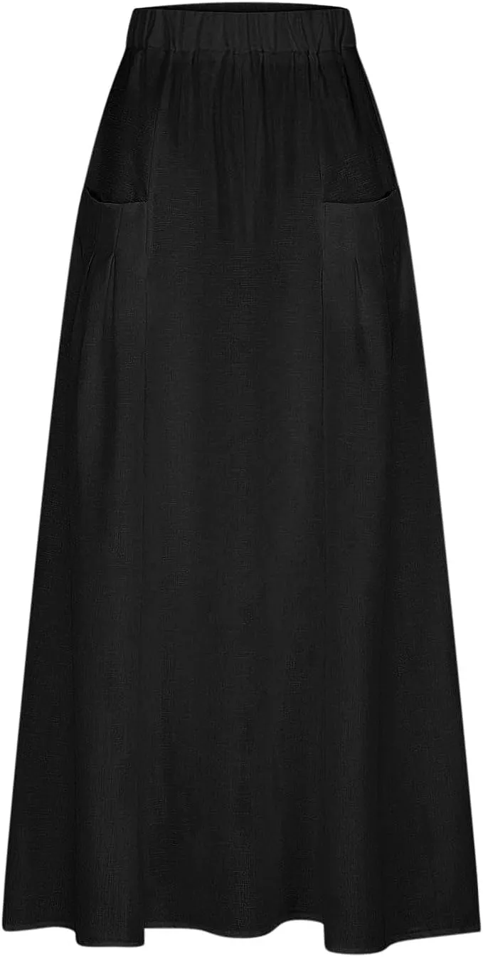 Women's Bohemian Skirts Solid Plus Size Loose Comfy Skirt Casual Dress Skirts High Waist Long Skirt with Pockets