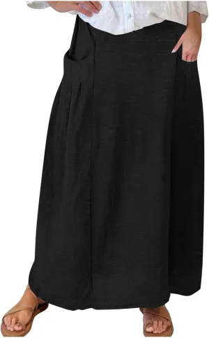 Women's Bohemian Skirts Solid Plus Size Loose Comfy Skirt Casual Dress Skirts High Waist Long Skirt with Pockets