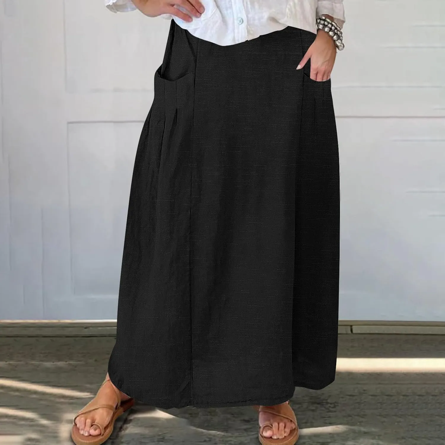 Women's Bohemian Skirts Solid Plus Size Loose Comfy Skirt Casual Dress Skirts High Waist Long Skirt with Pockets