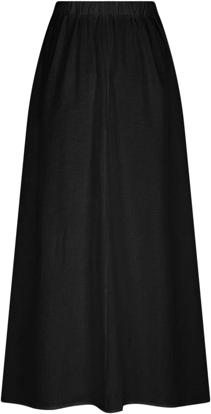 Women's Bohemian Skirts Solid Plus Size Loose Comfy Skirt Casual Dress Skirts High Waist Long Skirt with Pockets