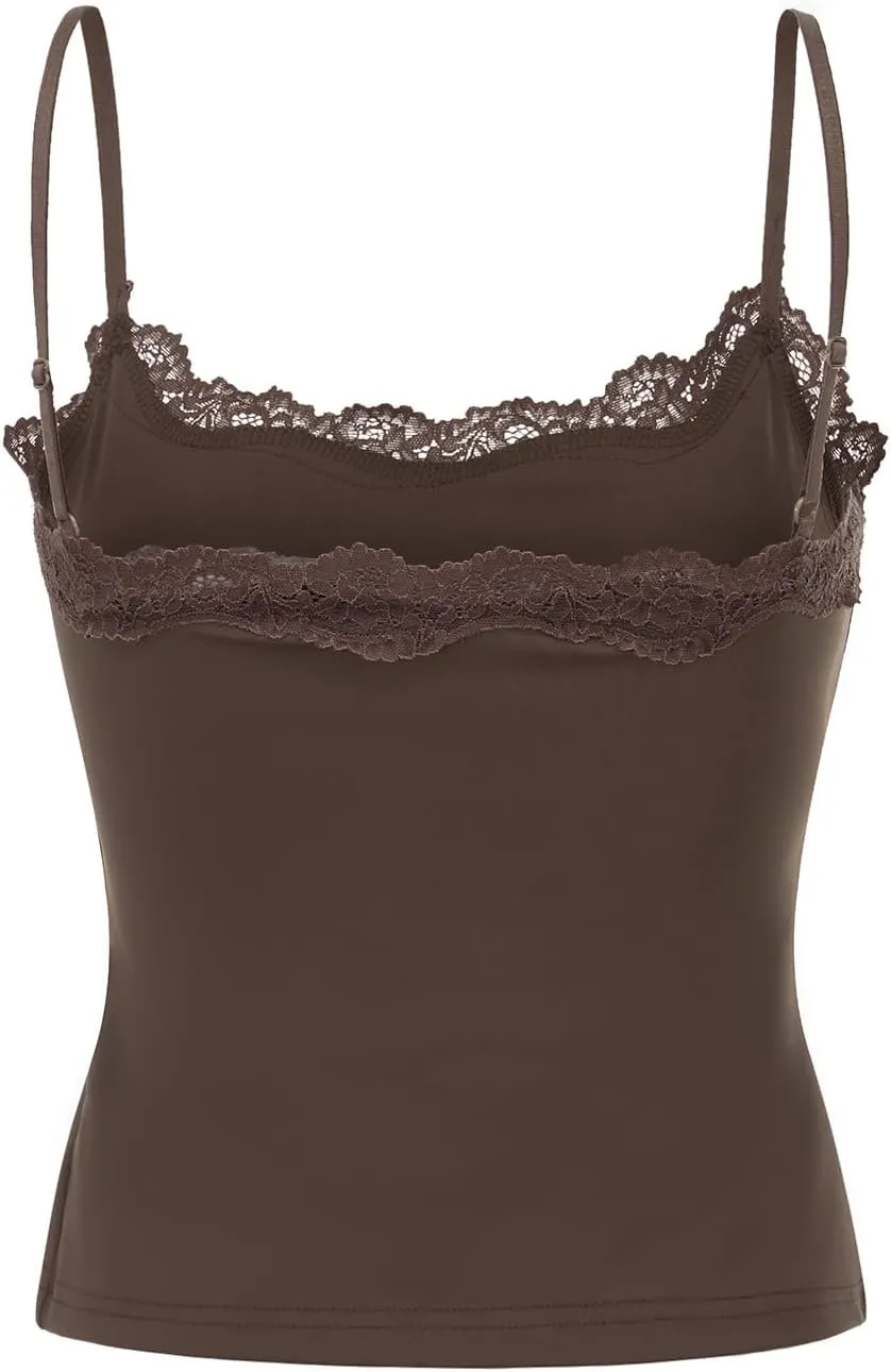 Women's Cami Tops Spaghetti Strap Sleeveless Lace Trim Solid Color Slim Fit Camisole Summer Tops