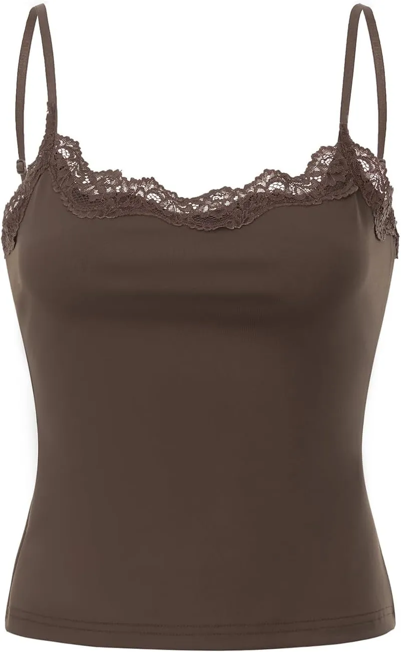 Women's Cami Tops Spaghetti Strap Sleeveless Lace Trim Solid Color Slim Fit Camisole Summer Tops