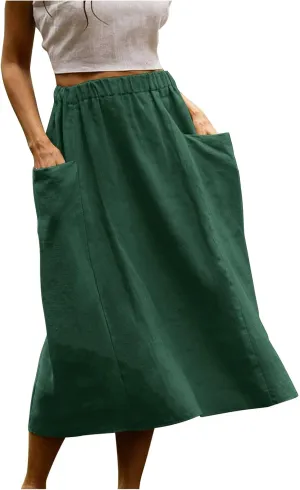 Women's Casual Linen Skirts Elastic Waist Midi Skirts A Line Pleated Skirts with Pockets Beach Flowy Boho Skirts