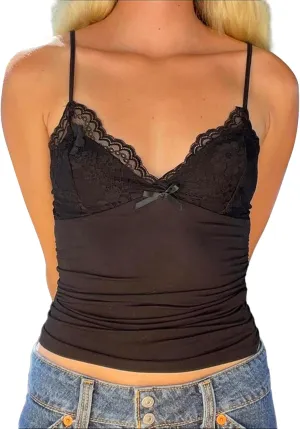 Women's Cute Lace Trim Tank Tops Y2K Heart Print Sleeveless Slim Cami Tops Graphic Scoop Neck Little Bow Ribbed Vest