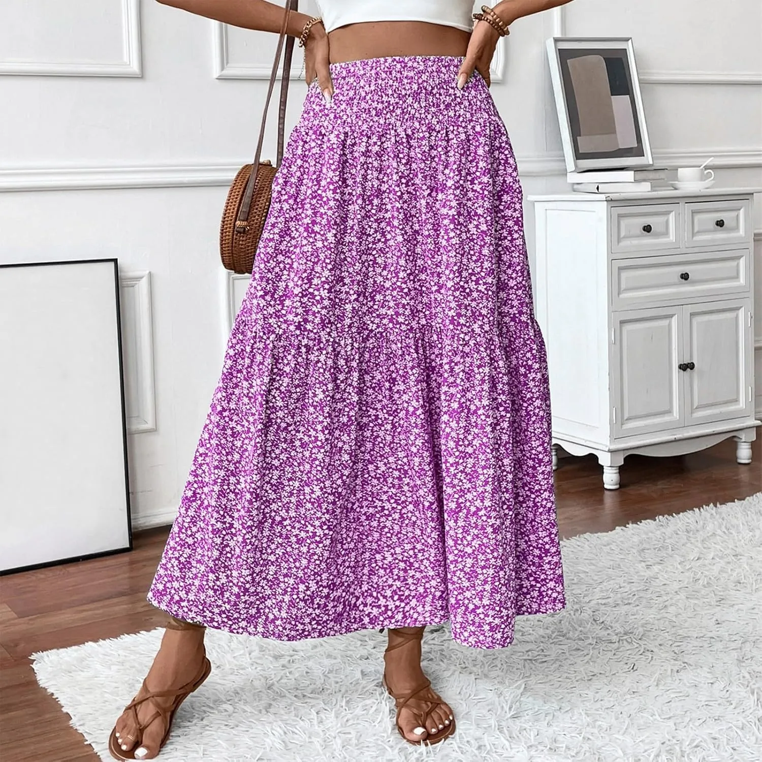 Womens Floral Maxi Skirt A Line Tiered Long Flowy Skirts with Pockets Casual Smocked High Waisted Boho Beach Skirts