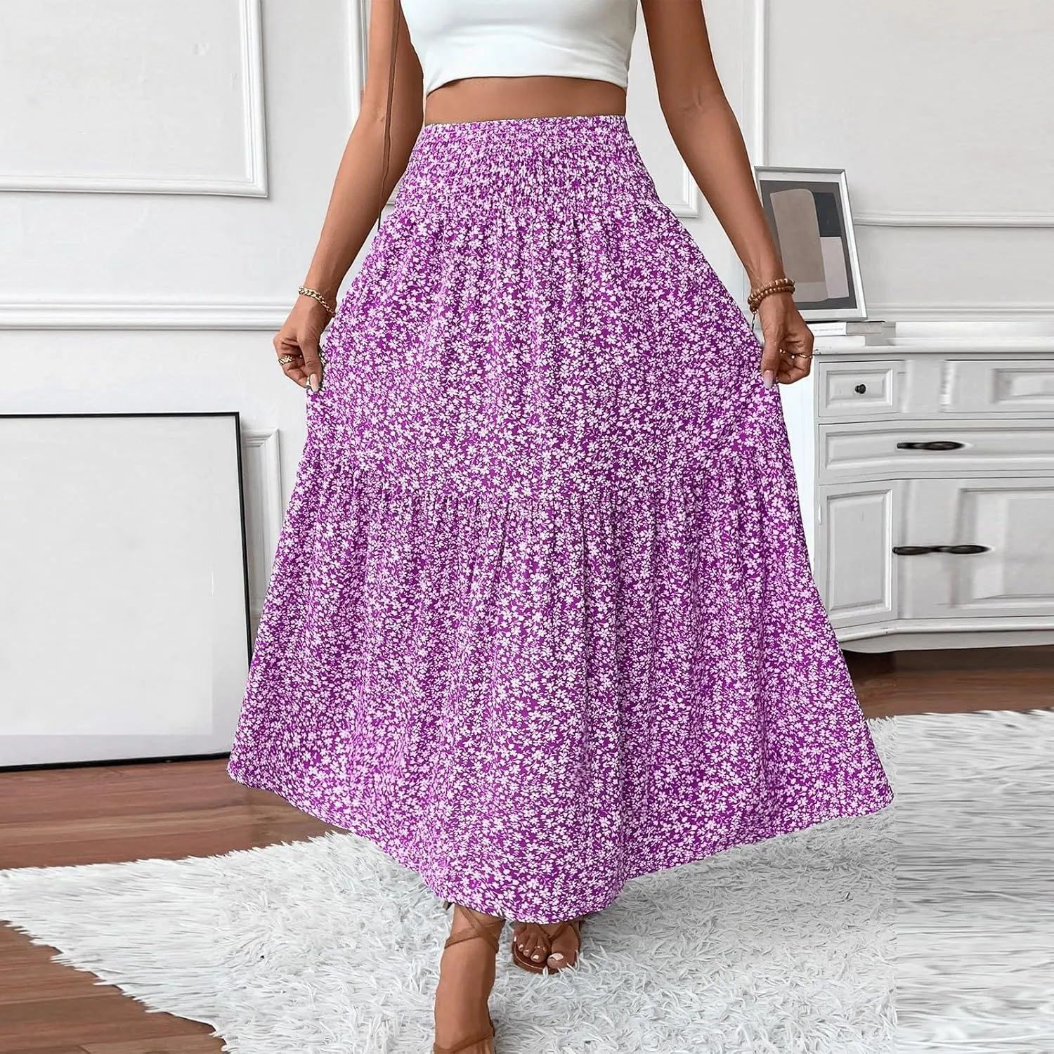 Womens Floral Maxi Skirt A Line Tiered Long Flowy Skirts with Pockets Casual Smocked High Waisted Boho Beach Skirts