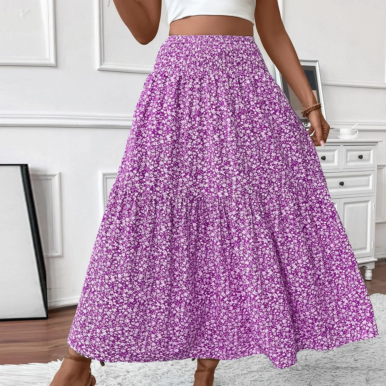 Womens Floral Maxi Skirt A Line Tiered Long Flowy Skirts with Pockets Casual Smocked High Waisted Boho Beach Skirts