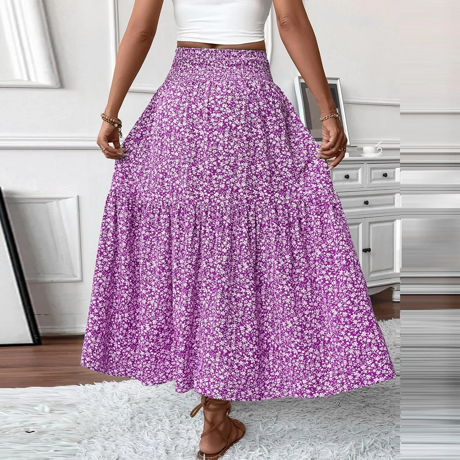 Womens Floral Maxi Skirt A Line Tiered Long Flowy Skirts with Pockets Casual Smocked High Waisted Boho Beach Skirts