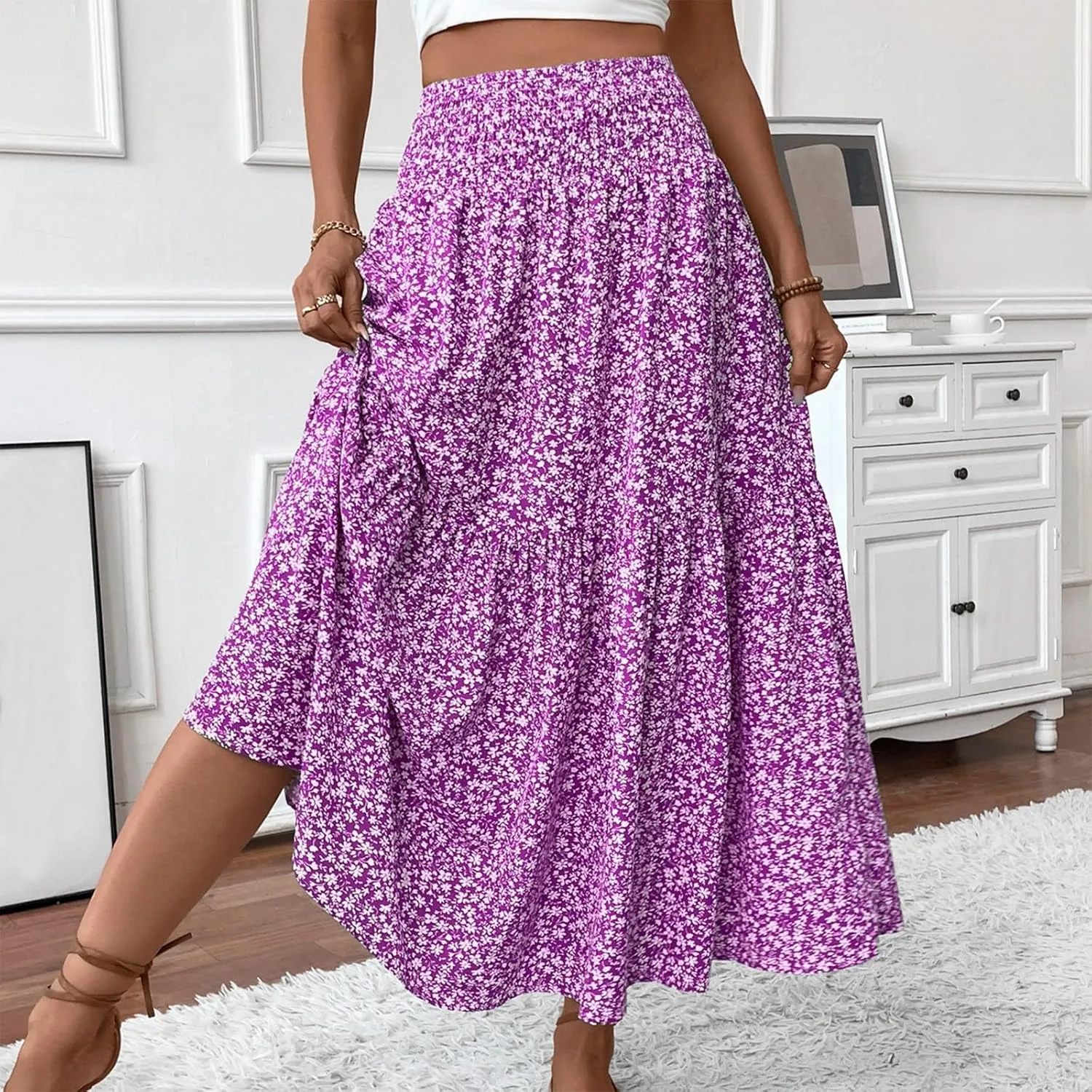 Womens Floral Maxi Skirt A Line Tiered Long Flowy Skirts with Pockets Casual Smocked High Waisted Boho Beach Skirts