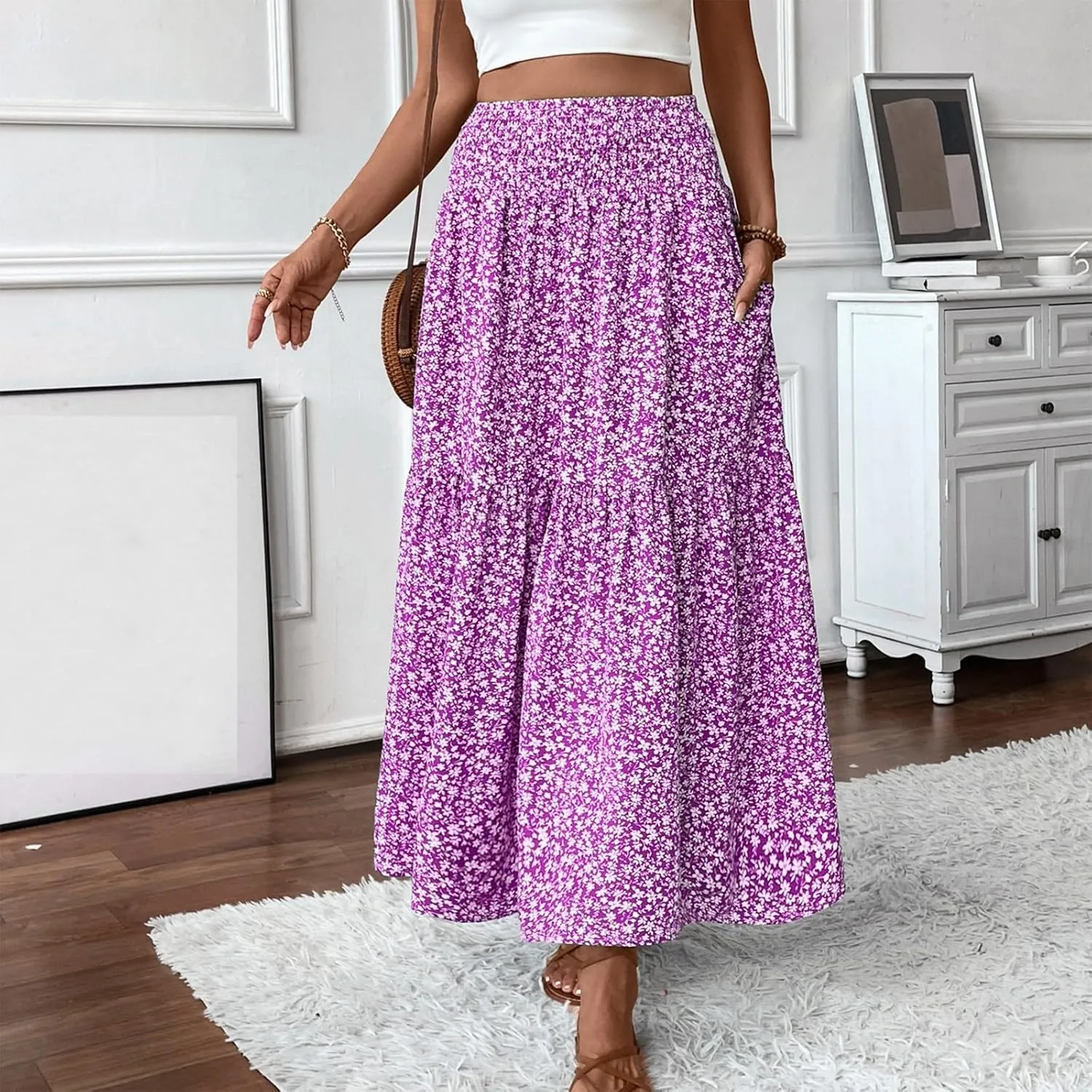 Womens Floral Maxi Skirt A Line Tiered Long Flowy Skirts with Pockets Casual Smocked High Waisted Boho Beach Skirts