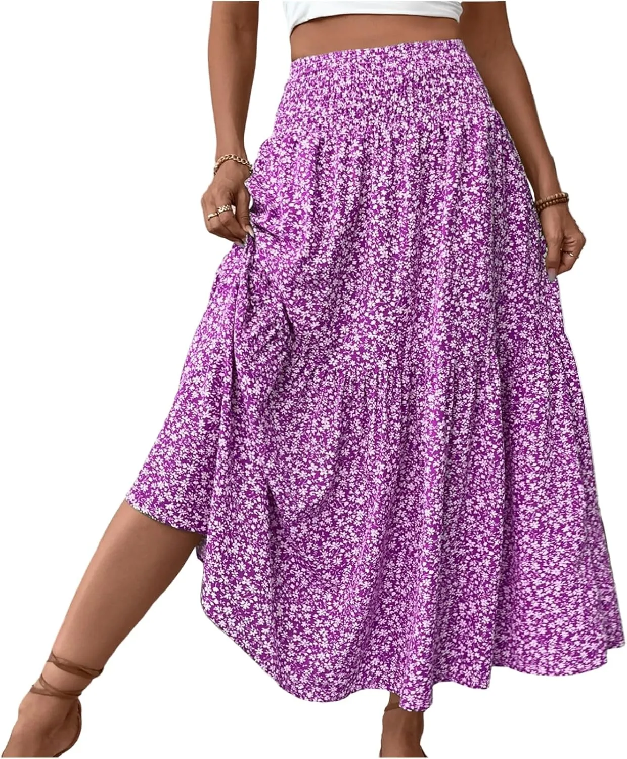Womens Floral Maxi Skirt A Line Tiered Long Flowy Skirts with Pockets Casual Smocked High Waisted Boho Beach Skirts