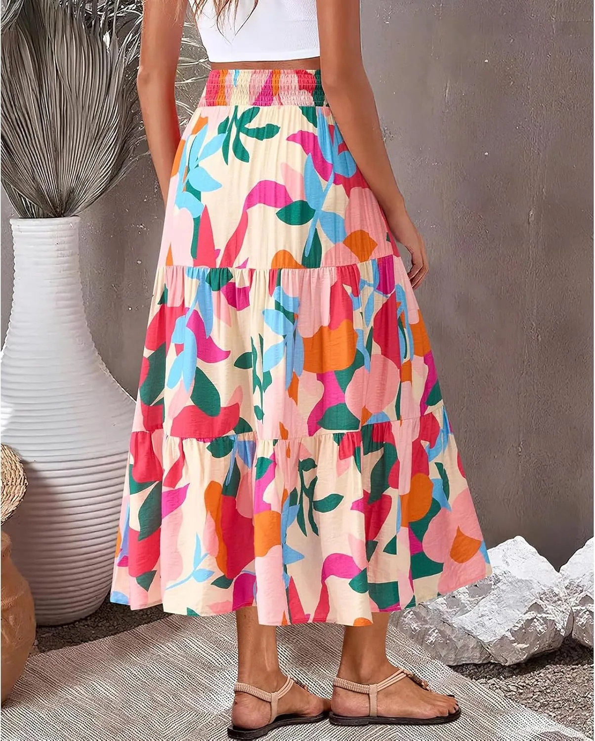 Women's Floral Print Midi Maxi Skirts- 2025 Summer Casual Aline Elastic High Waist Pleated Flowy Long Skirt Pockets