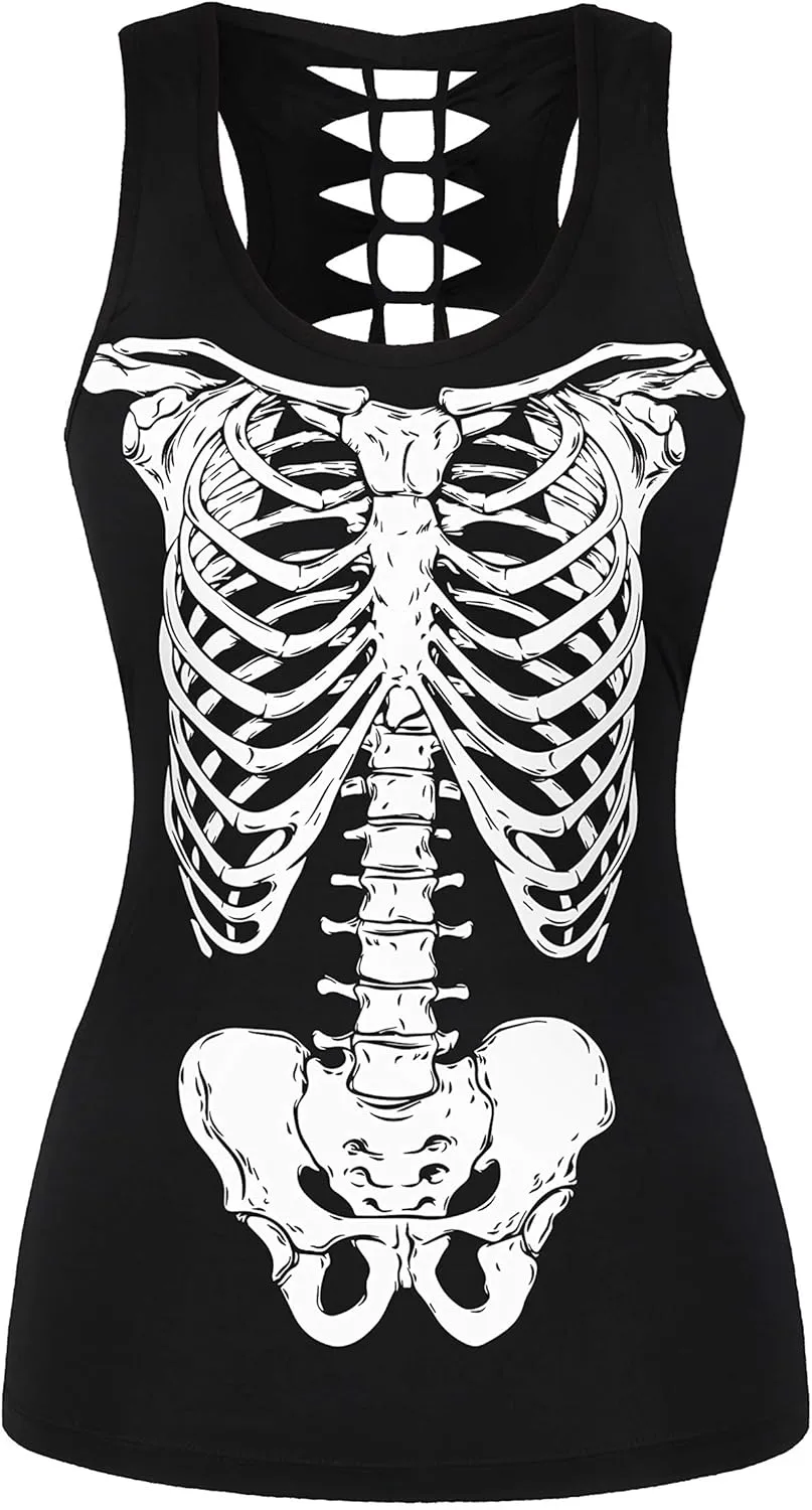Womens Hollow Out Skull Print Workout Yoga Tank Tops Halloween Shirt