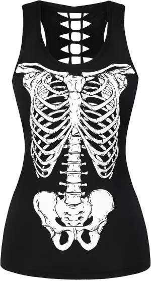 Womens Hollow Out Skull Print Workout Yoga Tank Tops Halloween Shirt