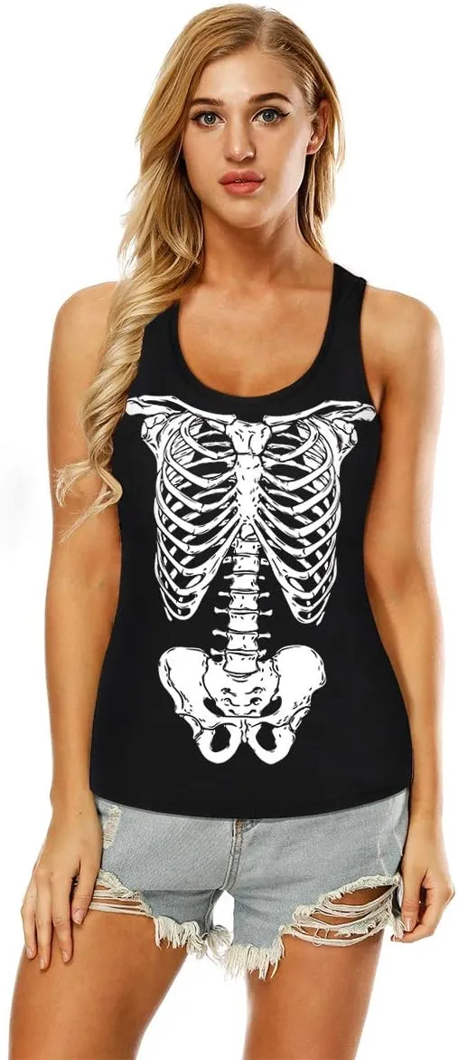 Womens Hollow Out Skull Print Workout Yoga Tank Tops Halloween Shirt