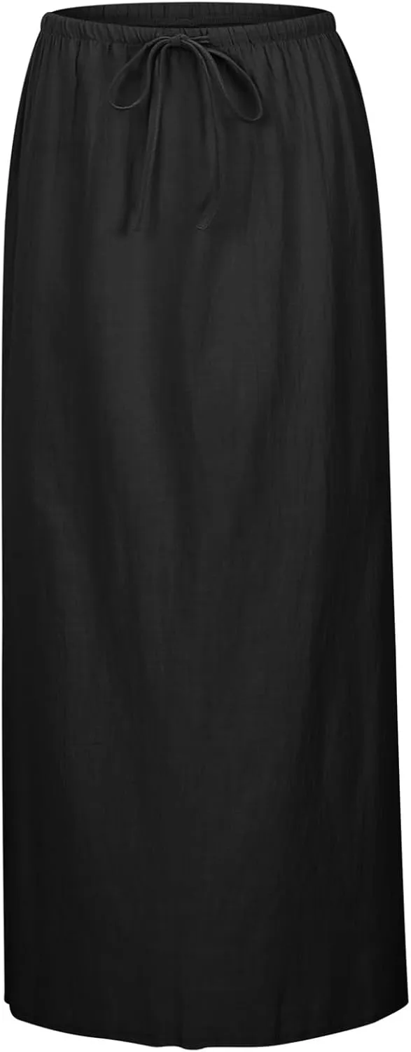 Women's Linen Maxi Skirts Elastic Waisted Baggy High Waisted Casual Skirt Drawstring Lightweight Comfortable Skorts