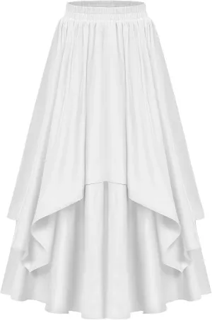 Womens Medieval Vintage Skirts Layered Pleated A-Line Midi Skirt Elastic Waist Trendy Solid Color Flowy Skirts