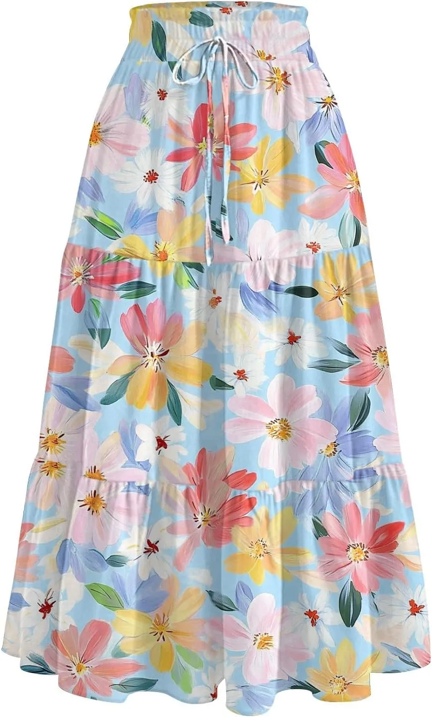 Women's Midi Boho Floral Tiered Skirts Trendy Comfy Flowy Drawstring High Elastic Waist Aline Skirt Skorts with Pockets